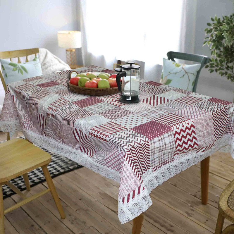 daze Abstract 6 Seater Table Cover(Red & White, PVC)