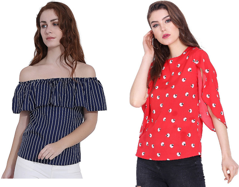 preet gehna Casual Half Sleeve Printed Women Red, Dark Green, White Top