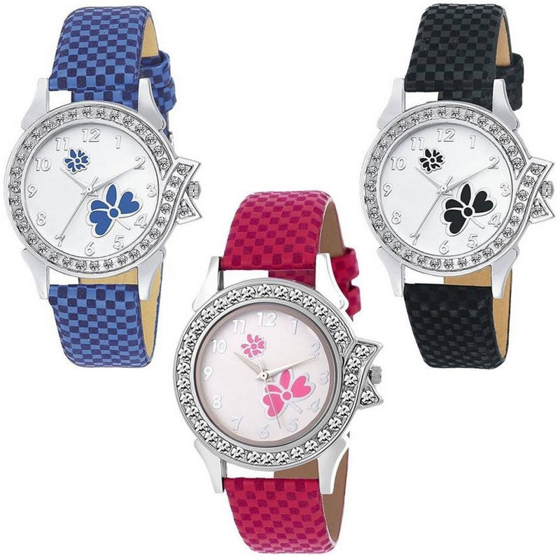 hensicreation New Best Combo Pack 3 Flower Print Dial Multi Chex Design Leather Belt Watch NW-1000 Analog Watch  - For Women