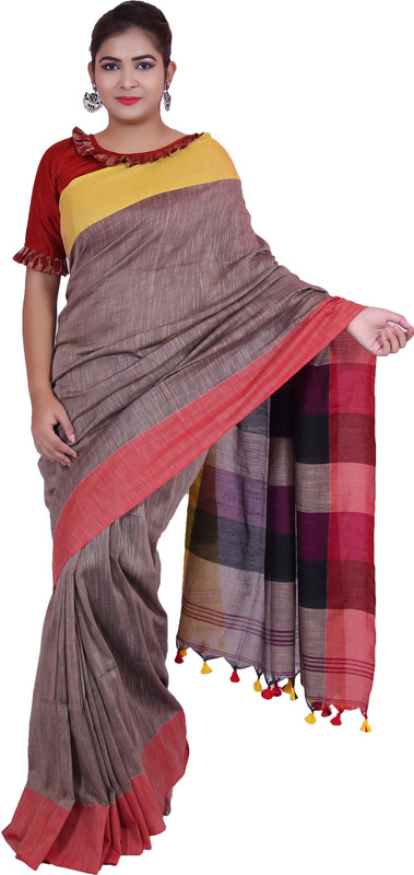 sanjhbati handloom Woven, Self Design Handloom Handloom Khadi Cotton Saree(Maroon, Yellow, Red, Purple)