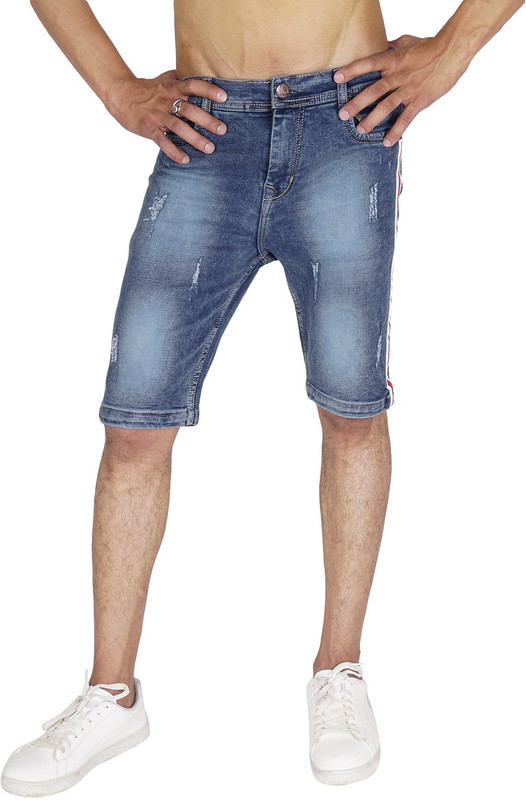jaunier Striped Men Blue Denim Shorts