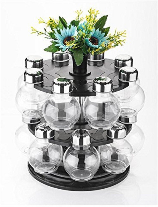 senoprime senoprime 360 Degree Revolving Round Shape Transparent Spice Rack,Spice Container,Masala Box,Spice Box - 250 ml Plastic Fridge Container, Spice Container, Tea Coffee & Sugar Container, Grocery Container (Pack of 16, Black) 18 Piece Spice Set(Plastic)