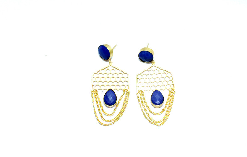 premia Premia Gold Plated, Indian Red Color Crystal With Hanging Chain Gorgeous Earring For Women. (Blue) Brass Drops & Danglers