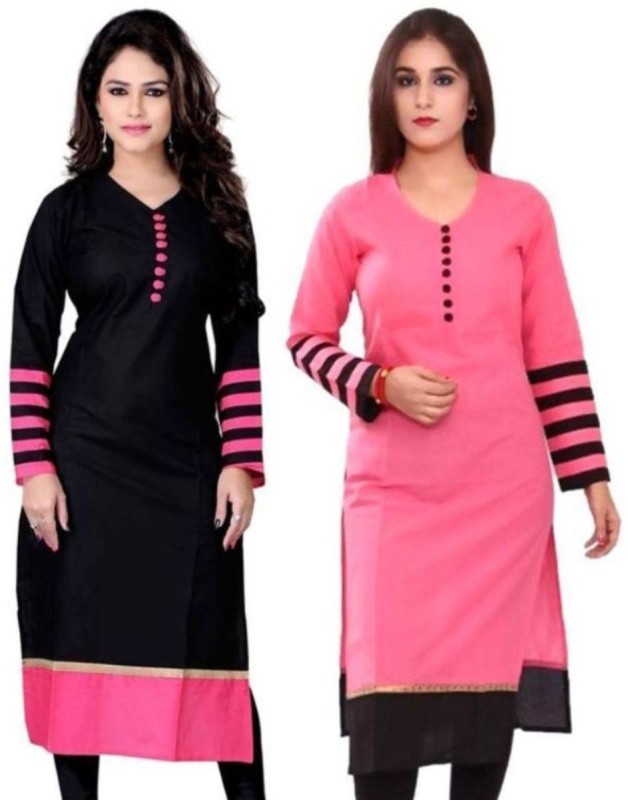 Omstar Fashion Women Striped, Embroidered Straight Kurta(Pink, Black)