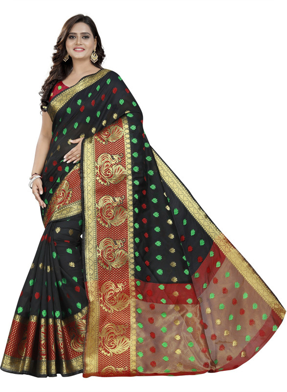 ecolors fab Woven Banarasi Pure Silk, Cotton Silk, Art Silk, Silk Blend, Cotton Blend Saree(Black)