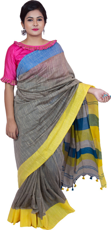 sanjhbati handloom Woven, Self Design Handloom Handloom Khadi Cotton Saree(Grey, Yellow, Blue)