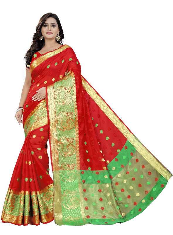 ecolors fab Woven Banarasi Pure Silk, Cotton Silk, Art Silk, Silk Blend, Cotton Blend Saree(Red)