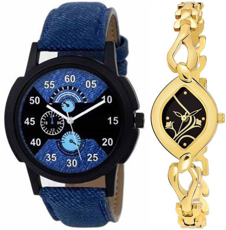 us chopda New Best Stylish Designer Artistic Gifted Black Dial Gold Strap Couple Combo Bracelet Watch For For Boys & Girls NW-758 Analog Watch  - For Men & Women
