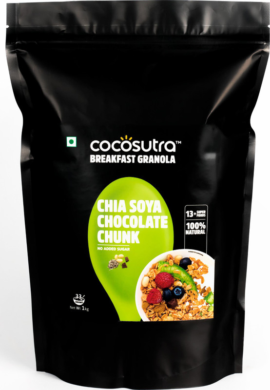 cocosutra Chia Soya Chocolate Chunk Granola - Sugar Free Breakfast Cereal with Oats, Nuts, Seeds and Dry Fruits (1kg)(1000 g, Box)