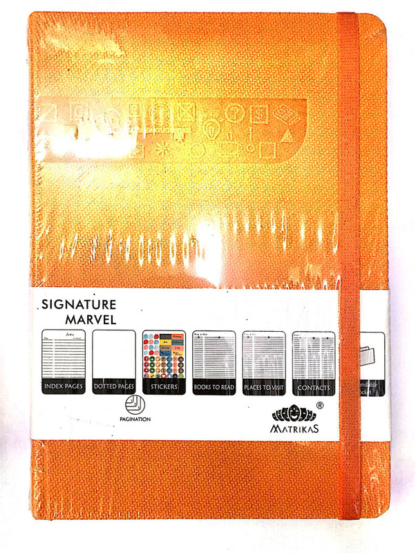 matrikas A5 Notebook(BLANK INDEX PAGES , 248 DOTTED PAGES WITH PAGE NUMBERS, 3 SATIN PAGE MARKERS, EXPANDABLE POCKET, ELASTIC BAND FOR SAFE LOCKING, ELASTIC PEN HOLDER, STICKER FOR LABELLING AND ARCHIVING, LIME, TANGERINE)