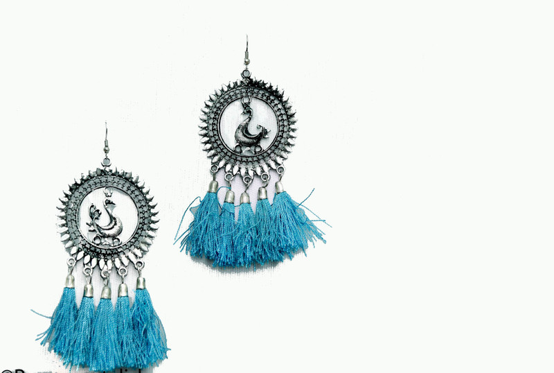 pureeverstylish PEACOCKBLU32RWE Cat's Eye Mother of Pearl, Fabric, Cotton Dori, Alloy Jhumki Earring, Earring Set