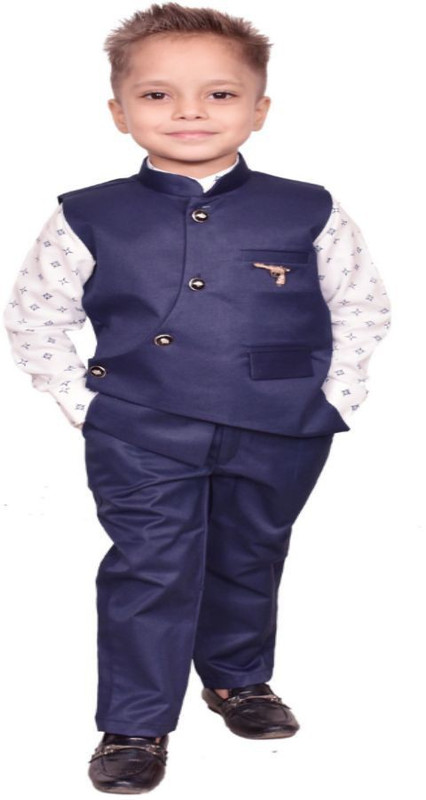 utrendz Indi Boys Festive & Party, Wedding, Casual Blazer, Shirt and Trouser Set(Blue Pack of 1)