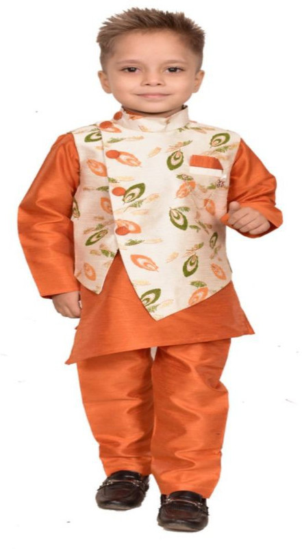 utrendz Indi Boys Wedding, Festive & Party, Casual Blazer, Shirt and Trouser Set(Orange Pack of 1)