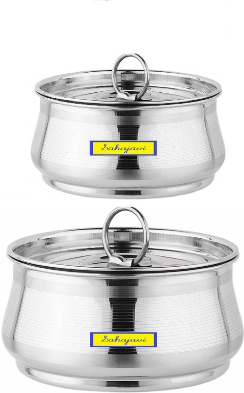 sahajavi Sahajavi 4 Pcs 850 ml/1.5 ltrStainless Steel Cooking Induction & Gas Stove Friendly Belly Shape Storage Container/Top/Cookware/Serving Dish Set With Lids Handi 0.85 L, 1.5 L with Lid(Stainless Steel, Induction Bottom)