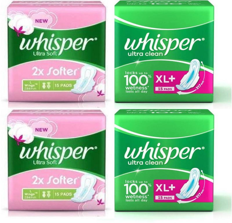 Whisper Ultra Soft (15+15) & Ultra Clean (15+15) Sanitary Pad(Pack of 4)- Buy Online in Botswana at botswana.desertcart.com. ProductId : 149163899.