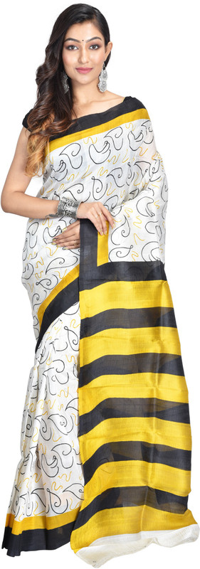 3stones Color Block Murshidabad Khadi Silk Saree(Yellow, Cream)