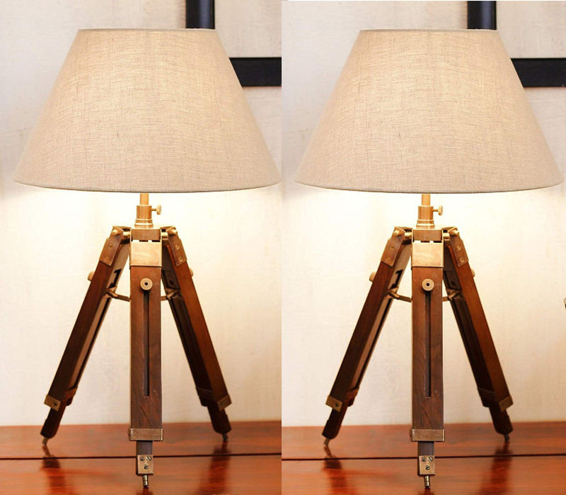 a2zcrafts Set of 2 Wooden Tripod Table Lamp Table Lamp(37 cm, Beige)