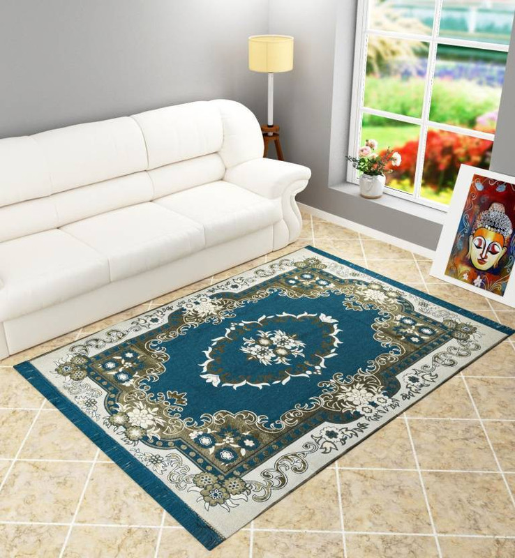 vats Light Blue, White, Gold Cotton Carpet(135 cm  X 180 cm)