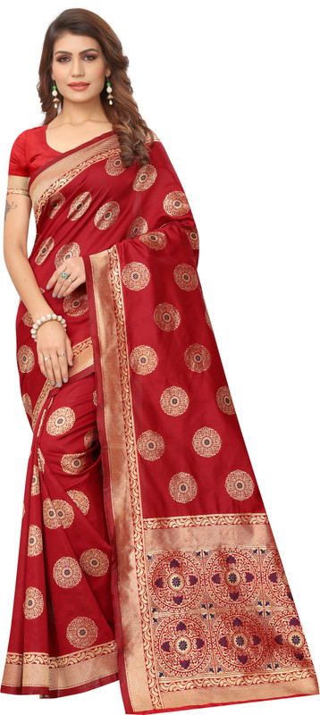 ofline selection Self Design Banarasi Jacquard, Cotton Viscose Blend Saree(Red, Beige)