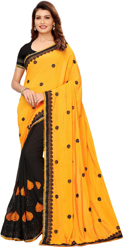 melfiza Embroidered, Self Design Fashion Viscose, Pure Georgette Saree(Yellow, Black)
