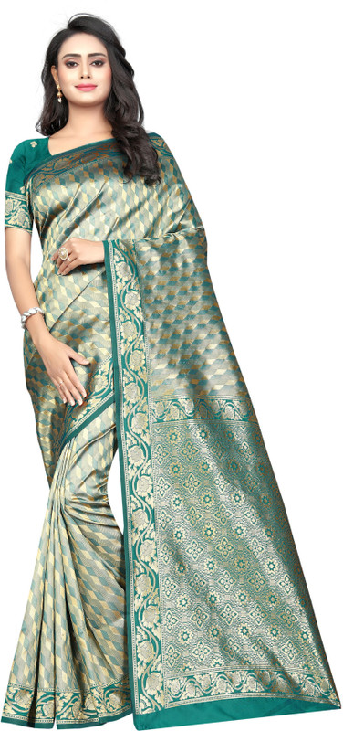 ofline selection Self Design Banarasi Cotton Viscose Blend, Jacquard Saree(Green, Beige)