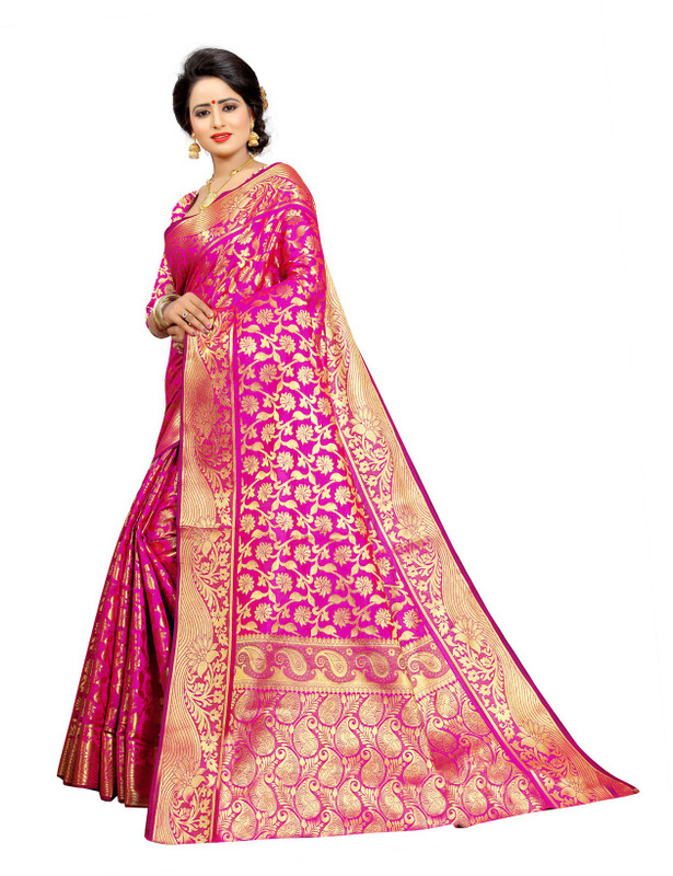 ofline selection Self Design Banarasi Cotton Blend Saree(Pink, Beige)