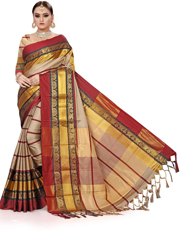 wedding vale Self Design Handloom Cotton Silk Saree(Brown)