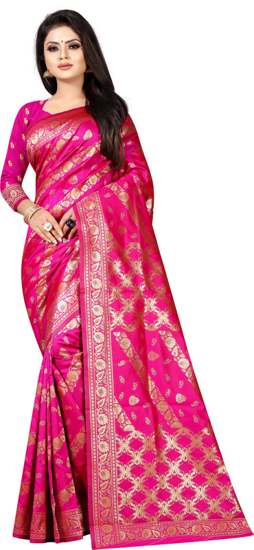 ofline selection Self Design Banarasi Cotton Viscose Blend, Jacquard Saree(Pink, Beige)