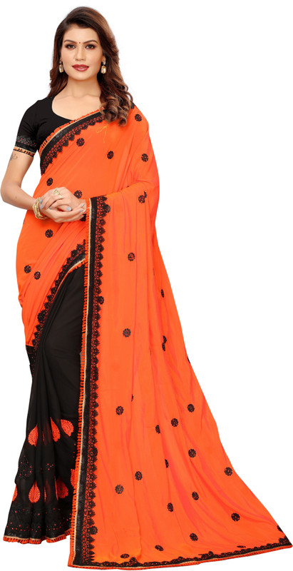 melfiza Embroidered, Self Design Fashion Viscose, Pure Georgette Saree(Orange, Black)