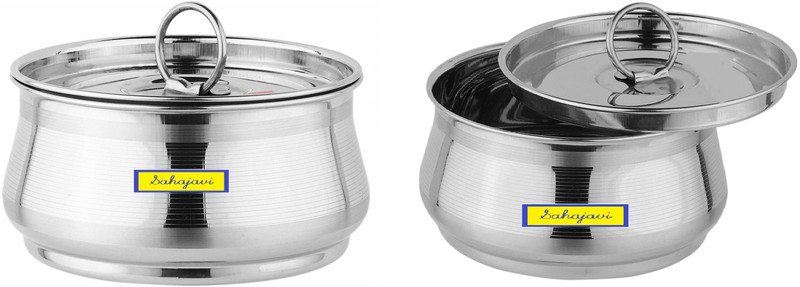 sahajavi Sahajavi 4 Pcs (1.5 ltr/2 ltr) Stainless Steel Cooking Induction & Gas Stove Friendly Belly Shape Storage Container/Top/Cookware/Serving Dish Set With Lids Handi 1.5 L, 2 L with Lid(Stainless Steel, Induction Bottom)