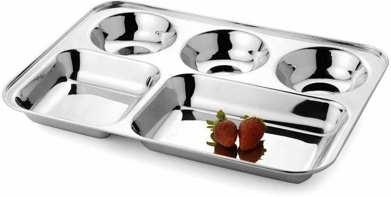 Finetouch Pack of 4 Stainless Steel Dinner Plate/Bhojan Thali with Rectangle Compartments 480gm Each plate Dinner Set(Steel, Microwave Safe)