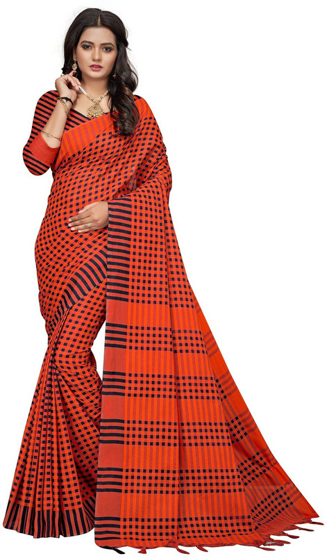 under 1000 Checkered Fashion Cotton Blend Saree(Orange)