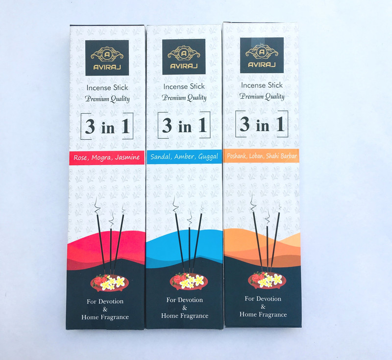 aviraj Premium Incense Stick 3-in-1(Pack of 3) Poshak, Shahi Darbar, Loban, Rose, Mogra, Jasmine, Amber, Sandal, Guggal Agarbattis(56 Units)