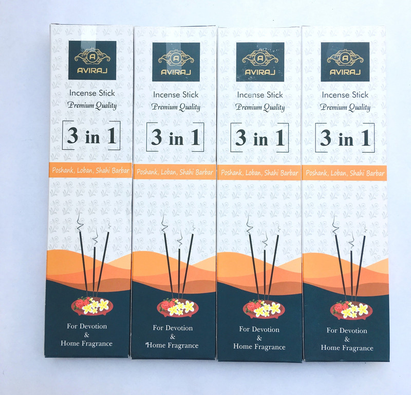aviraj Premium Incense Stick 3-in-1(Pack of 4) 3 Different Fragrance Poshak, Loban, Shahi Darbar Agarbattis(56 Units)