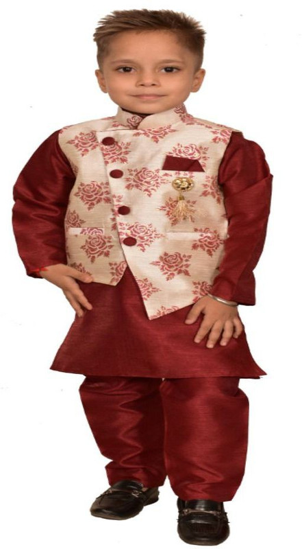 utrendz Indi Boys Wedding Blazer, Shirt and Trouser Set(Maroon Pack of 1)