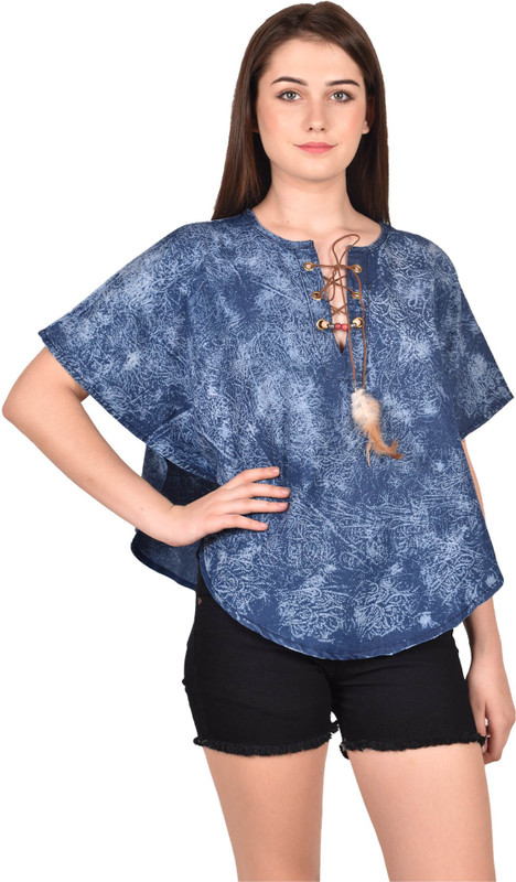 fashion trap Casual Cape Sleeve Self Design Women Blue Top
