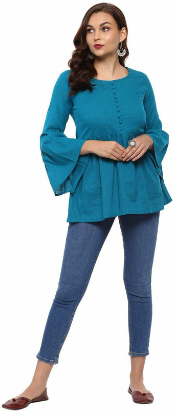 hhichkki Casual Bell Sleeve Solid Women Blue Top