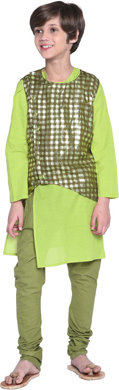 wondermom Boys Wedding, Festive & Party Kurta, Pyjama & Dupatta Set(Green Pack of 2)