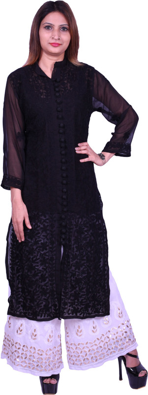 kajiree Festive & Party Chikan Embroidery Women Kurti(Black)
