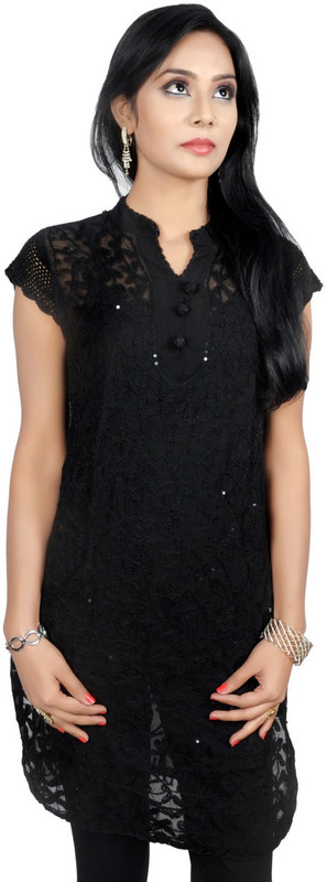 kajiree Casual Chikan Embroidery Women Kurti(Black)
