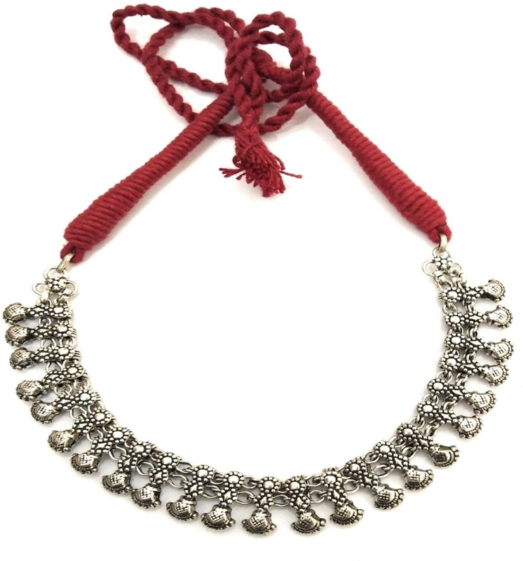 athizay Red Thread Oxidized Silver Necklace Streak Large Metal Beads Embellishment women fashion jewellery Black Silver Plated Metal Necklace