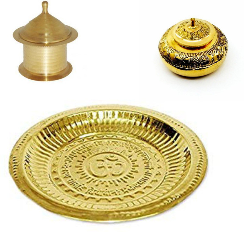 bluewale Authentic hand crafted Pooja thali set with 2 brass sindoor box and 1 om brass plate Brass(3 Pieces, Yellow)