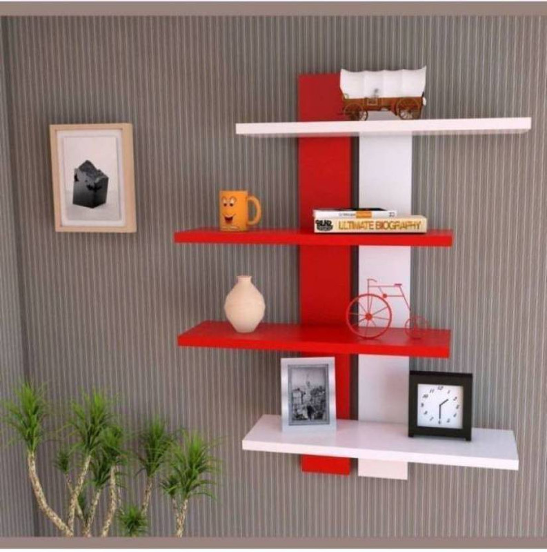 classiconline wooden wall stand rack shelf Wooden Wall Shelf(Number of Shelves - 4, Red, White)