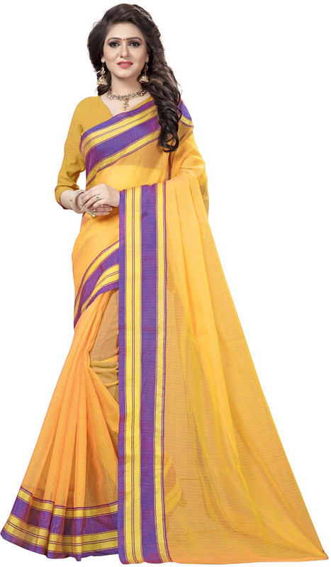 women mall Plain Fashion Cotton Silk Saree(Yellow)