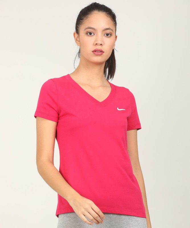 Nike Solid Women V Neck Pink T-Shirt 