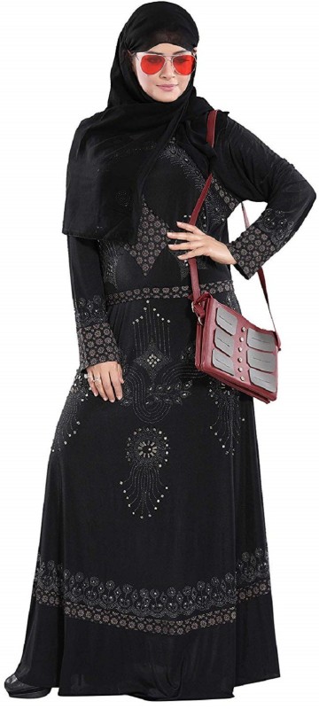 TUCUTE DN-494-BLACK Lycra Blend Solid Abaya With Hijab(Black)