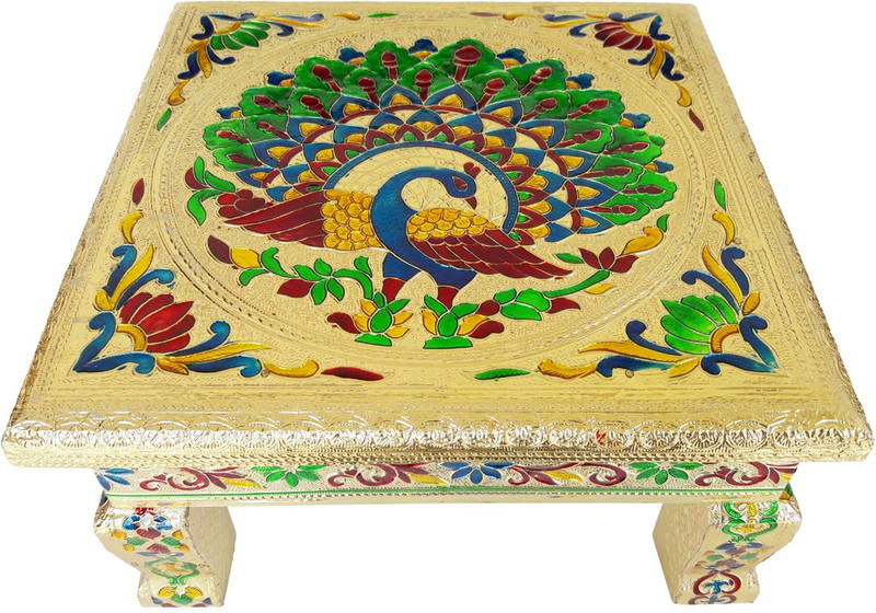 lavender craft Lavender Craft PEACOCK designed Wooden Meenakari RAJWADI CHOWKI/ BAJOTH -10"x10"x5" Inch- G.M. Wooden Pooja Chowki(Gold, Pack of 1)