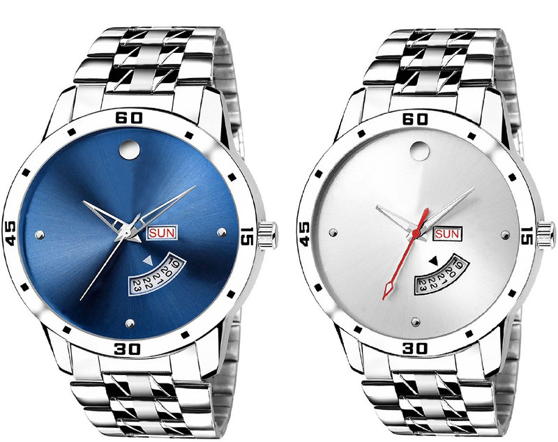 flytech Stylish Blue & White Day-Date Dial Chain Metal Strap Watch Combo Analog Watch  - For Men