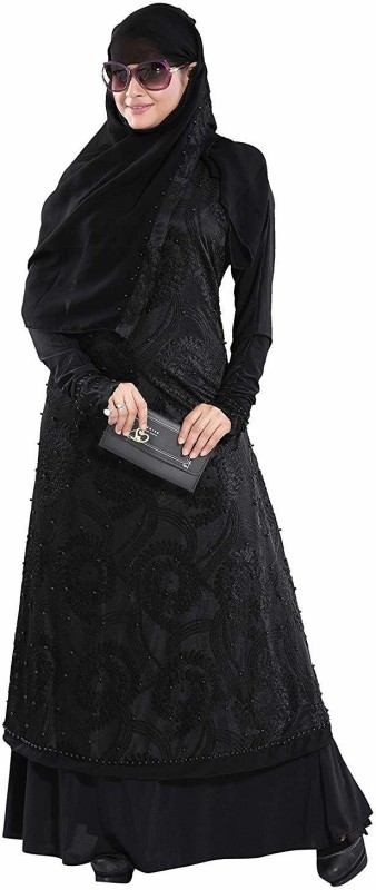 TUCUTE DN-521 Lycra Blend Solid Abaya With Hijab(Black)