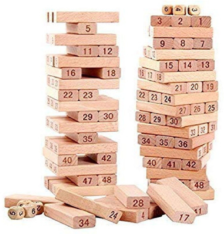 kirtan 54 Pcs Blocks 4 Dices Wooden Tumbling Stacking GAME(Multicolor)